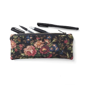 Black Floral Pencil Case, Zipper Pouch, Vintage Fabric