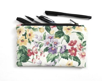 Canvas Pencil Case, Medium Zipper Pouch, Vintage Floral Fabric