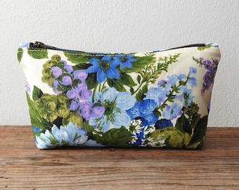 Blue Floral Cosmetic Bag, Toiletry Pouch, Vintage Fabric