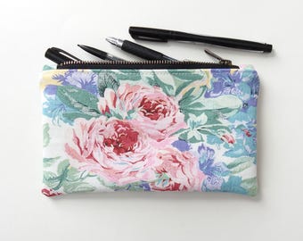 Estuche para lápices con estampado floral de mezclilla, mediano, con cremallera, tela vintage
