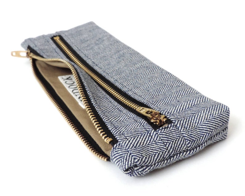 Double Zipper Pouch Fisher Stripe Blue Herringbone Pencil Case