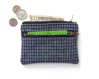 Double Zipper Wallet Pouch Coin Purse, Navy Basketweave