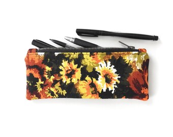 Floral Canvas Pencil Case, Zipper Pouch, Orange Yellow Vintage Fabric