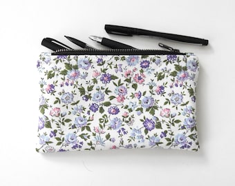 Purple Floral Pencil Case, Medium Zipper Pouch, Vintage Fabric
