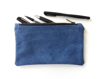 Blue Distressed Canvas Pencil Case, Medium Zipper Pouch