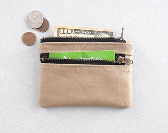 Beige Canvas Wallet, Coin Purse, Double Zipper Pouch