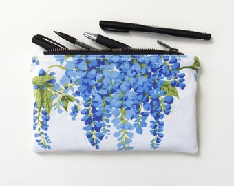 Estuche para lápices Blue Wisteria, estuche mediano con cremallera, tela de lino vintage.