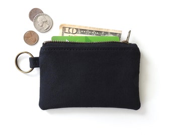 Black Canvas Keychain Wallet, Coin Purse Pouch