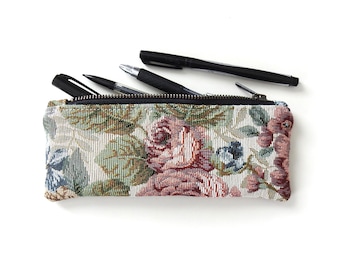 Estuche para lápices floral, estuche con cremallera, tela de tapiz vintage.