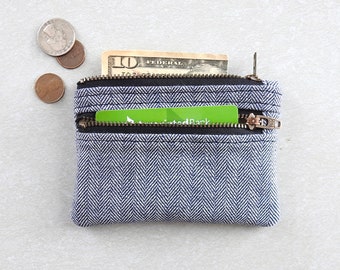 Blue Herringbone Wallet, Coin Purse, Double Zipper Pouch.  Handmade By Lindock