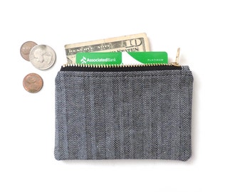 Slim Wallet Coin Purse Zipper Pouch Black Herringbone