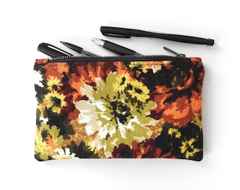Floral Canvas Pencil Case, Medium Zipper Pouch, Orange Floral Vintage Fabric