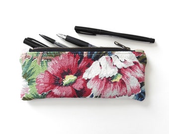 Pink Floral Pencil Case, Zipper Pouch, Vintage Fabric