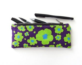 Canvas Pencil Case, Purple Green Floral Vintage Fabric
