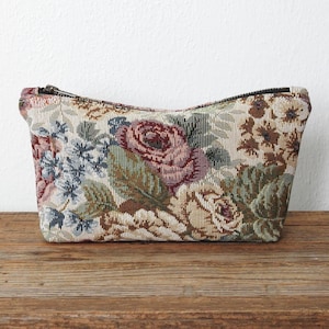 Cosmetic Bag, Toiletry Pouch, Vintage Floral Tapestry Fabric