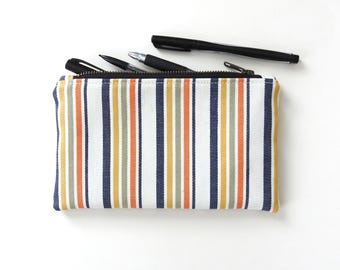 Denim Stripe Pencil Case, Medium Zipper Pouch, Vintage Fabric