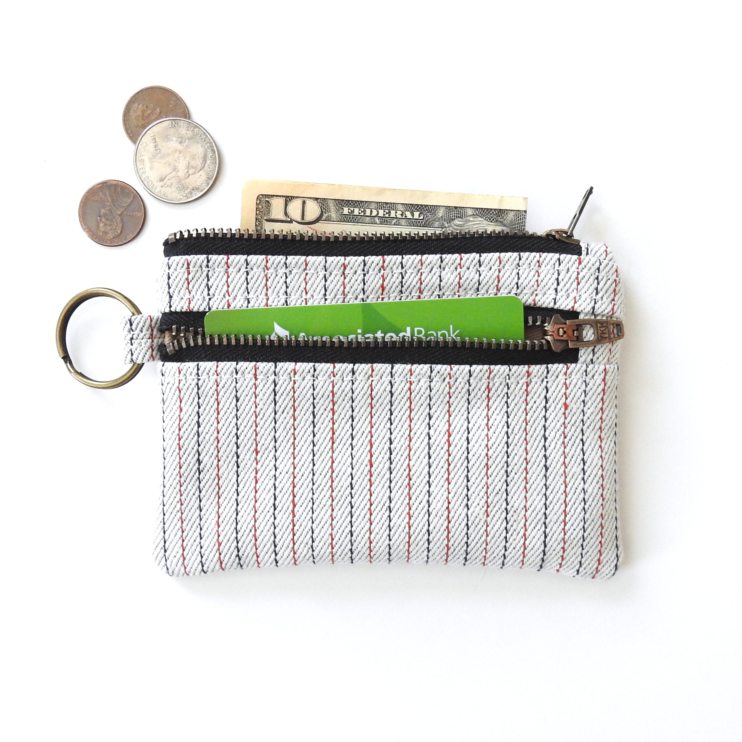 White Stripe Double Zipper Keychain Wallet Pouch Etsy