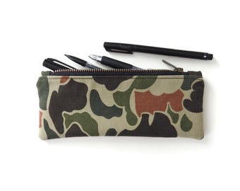 Recycled Military Camo Pencil Case, Zipper Pouch, Vintage Fabric