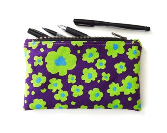 Purple Green Floral Pencil Case, Medium Zipper Pouch, Vintage Fabric