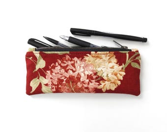 Canvas Pencil Case, Zipper Pouch, Vintage Fabric, Hydrangea