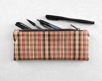 Plaid Pencil Case, Zipper Pouch, Vintage Fabric
