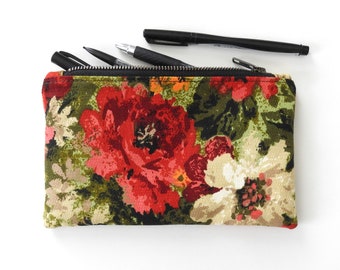 Floral Pencil Case, Medium Zipper Pouch, Vintage Fabric