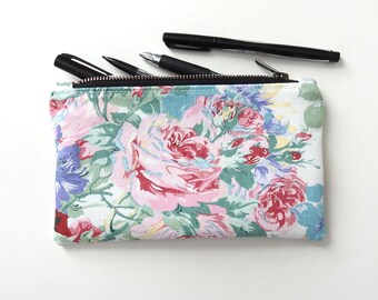 Estuche para lápices con estampado floral de mezclilla, mediano, con cremallera, tela vintage