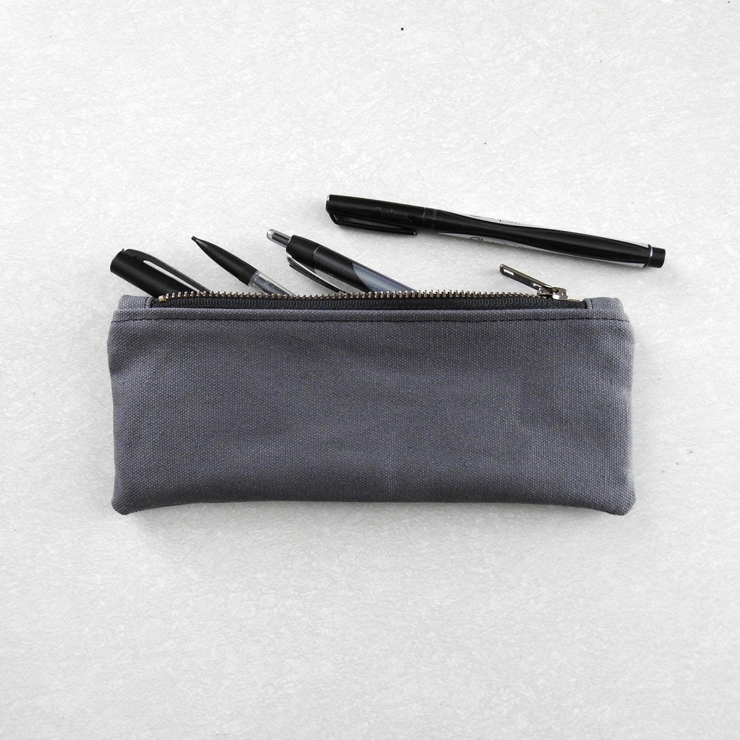 Gray Slim Waxed Canvas Zipper Pouch, Pen Pencil Pouch, Art Supply Bag 