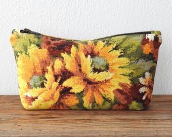 Yellow Floral Cosmetic Bag, Toiletry Pouch, Vintage Fabric