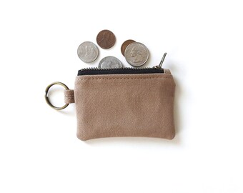 Tan Mini Keychain Pouch, Canvas Coin Purse