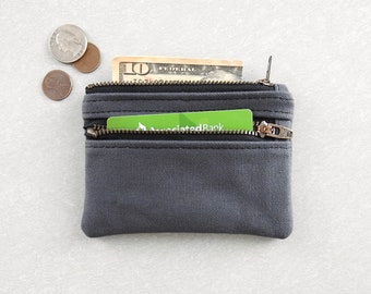 Grey Canvas Wallet, Coin Purse, Double Zipper Pouch