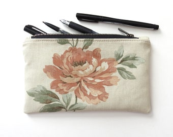 Peony Pencil Case, Medium Zipper Pouch, Vintage Canvas Fabric