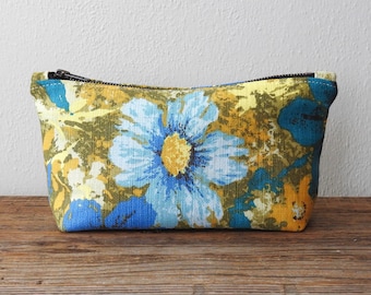 Blue Floral Cosmetic Bag, Toiletry Pouch, Vintage Fabric