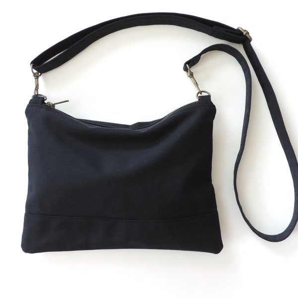 Black Canvas Crossbody Bag Minimalist Zipper Purse