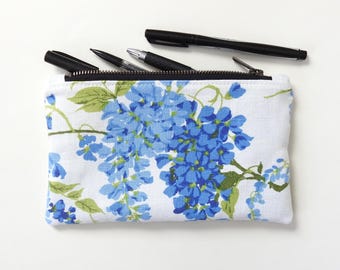Estuche para lápices Blue Wisteria, estuche mediano con cremallera, tela de lino vintage.