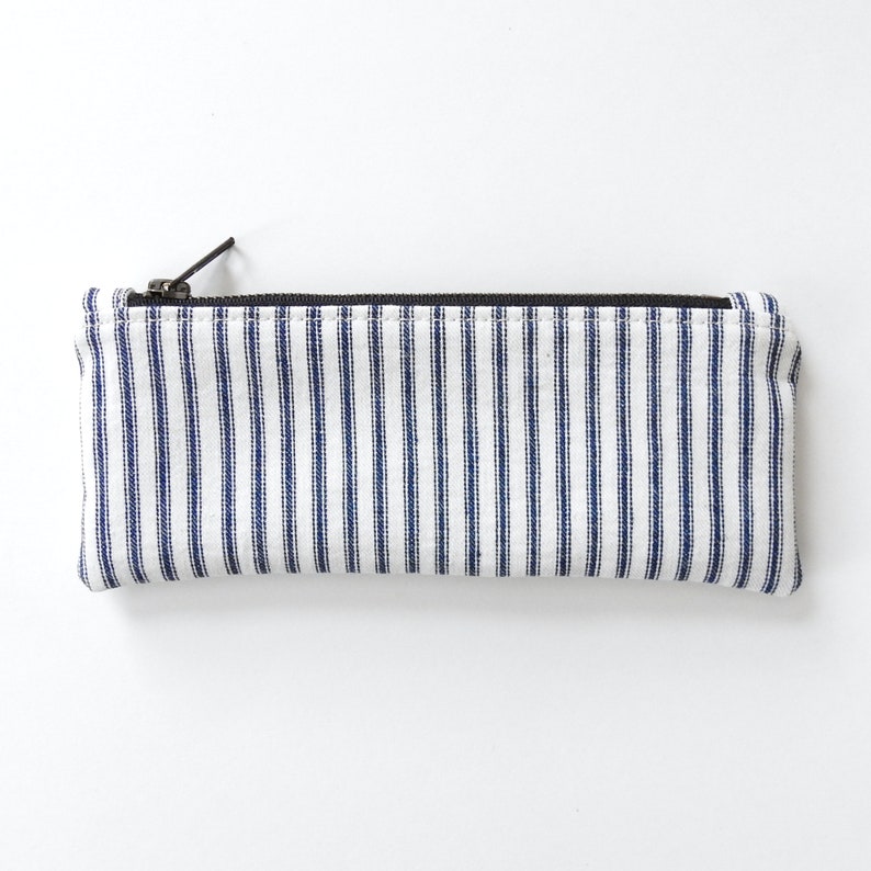 Recycled Ticking Stripe Pencil Case Handmade by Lindock Zipper Pencil Pouch