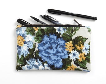 Floral Canvas Pencil Case, Medium Zipper Pouch, Vintage Fabric