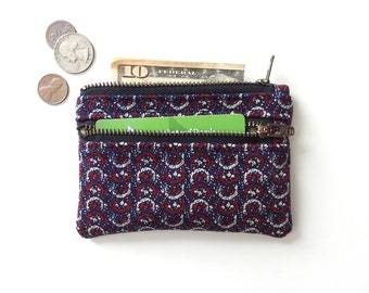 Navy Red Wallet, Coin Purse, Double Zipper Pouch, Vintage Fabric