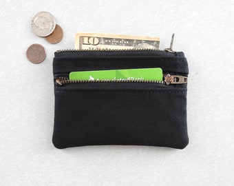 Black Canvas Wallet, Coin Purse, Double Zipper Pouch.  Handmade By Lindock