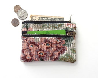 Floral Wallet, Double Zipper Coin Purse, Vintage Tapestry Fabric