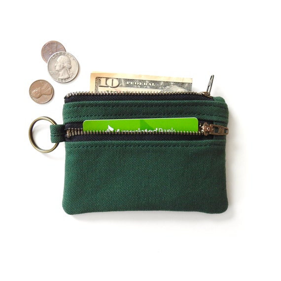 Canvas Wallet Slim Zipper Pouch Dark Green Coin Purse