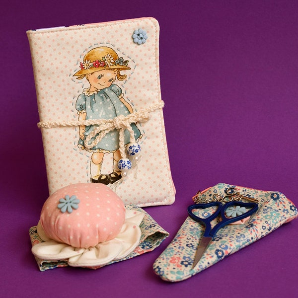 Sewing set (needle book/Scissors case/pincushion cuf - A shy little girl in blue