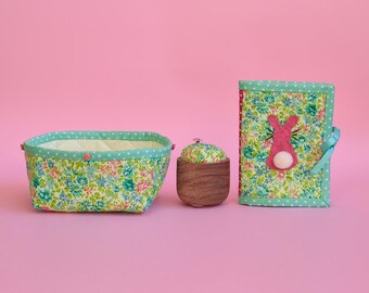 Blue floral sewing set - includes a small basket, needle case, and pin cushion