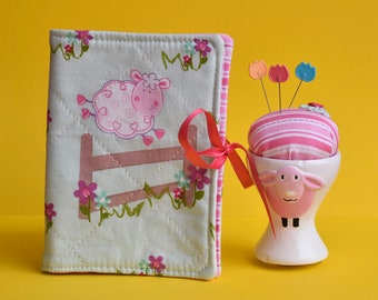 Little sheep - handmade needle case and egg cup pincushion sewing set (pink and green)