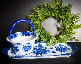 Blue and White Decorative Floral Plate and Basket