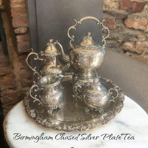 antique birmingham chased by hand silver plate tea set with butler tray