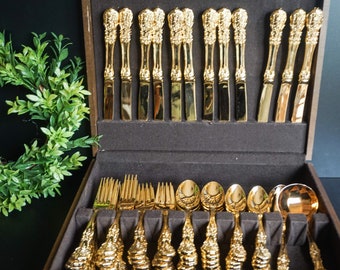 FB Rogers Grande Antique Gold Plated 50 Flatware Set with Wood Case