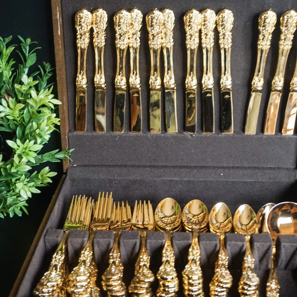 FB Rogers Grande Antique Gold Plated 50 Flatware Set with Wood Case