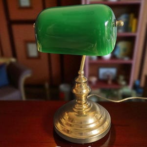 Brass Banker&#39;s Lamp with Green Glass Shade - Home Library Lighting