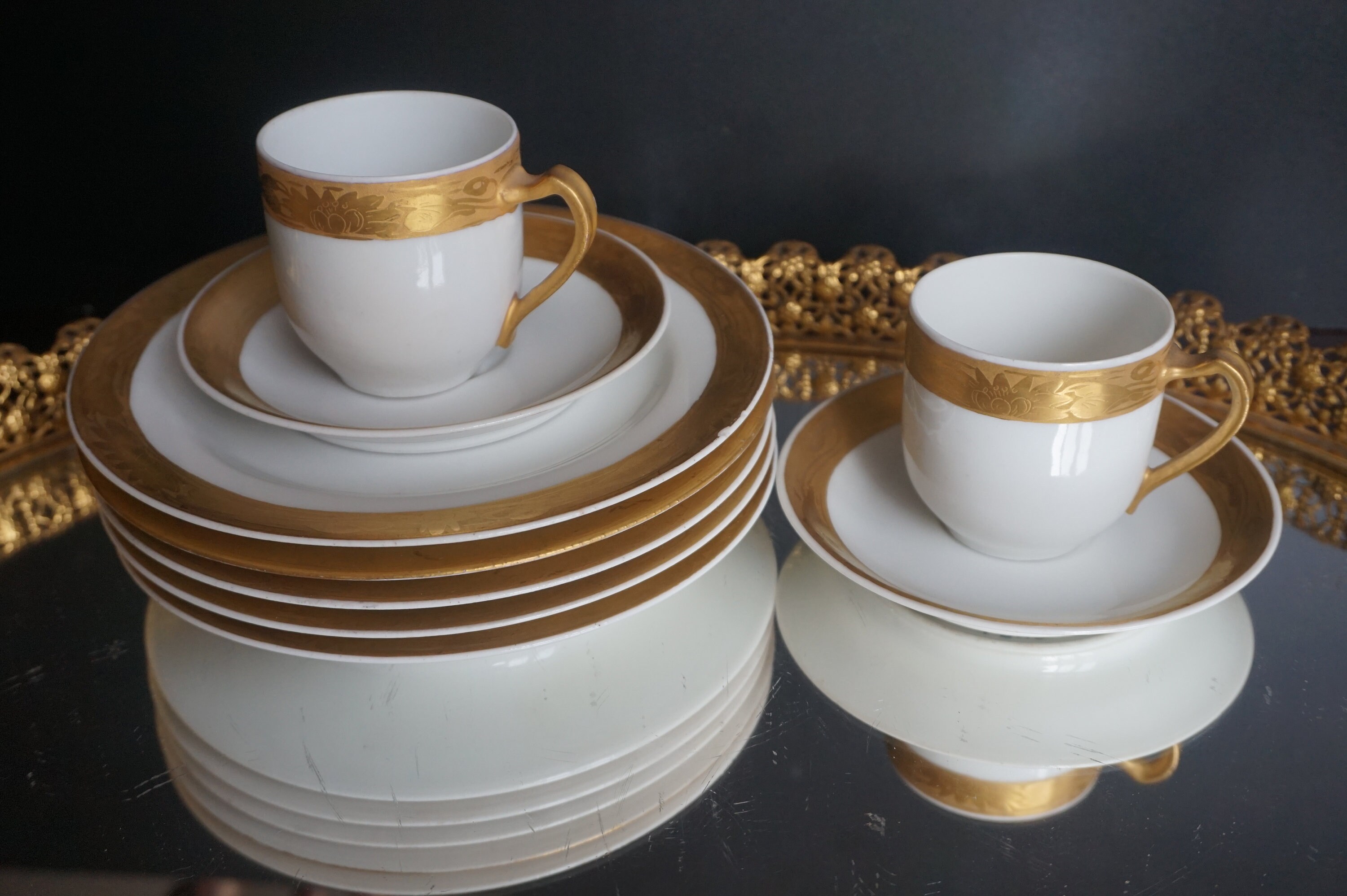 Marquise China Demitasse Cup and Saucer Heavy Gold Scrolling on White With  Courting Couple on Plate, 22K Gold Trim, Excellent Condition 